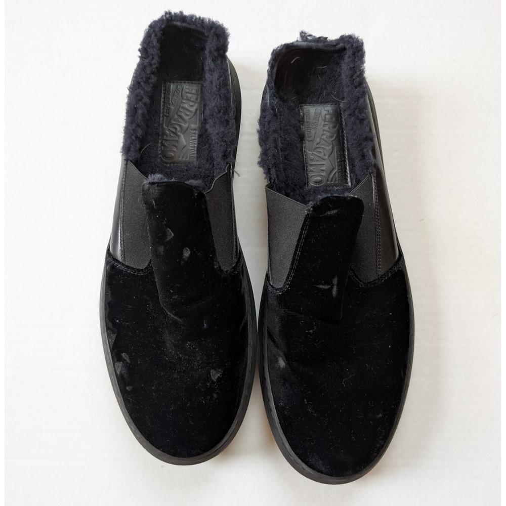 Salvatore Ferragamo Mens Size 10 Douglas Black Velvet Slipper Loafer Shearling